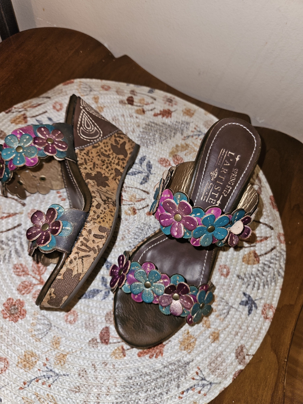 L'artiste Teal and Magenta Floral Leather Wedge Sandals